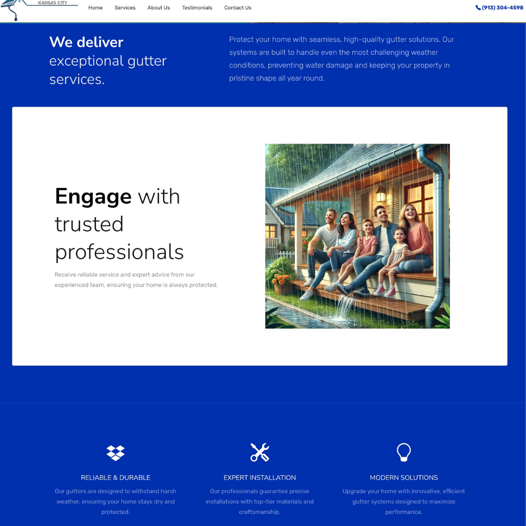 Screenshot of Done Right Gutters KC website showcasing gutter installation service 1