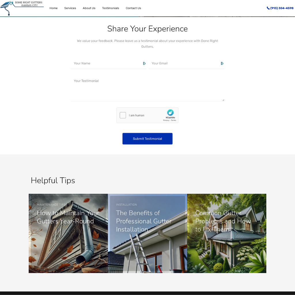 Screenshot of Done Right Gutters KC website showcasing gutter installation service 10