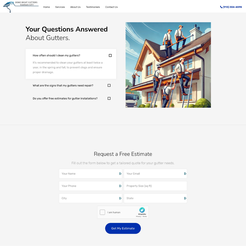 Screenshot of Done Right Gutters KC website showcasing gutter installation service 2