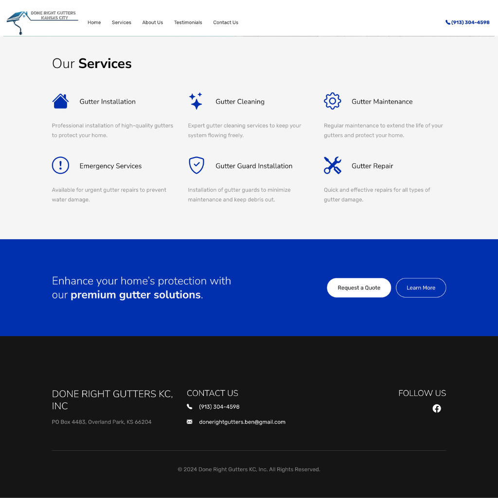 Screenshot of Done Right Gutters KC website showcasing gutter installation service 8